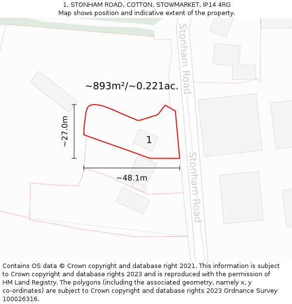 1, STONHAM ROAD, COTTON, STOWMARKET, IP14 4RG: Plot and title map