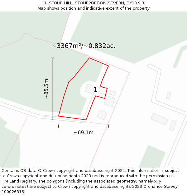 1, STOUR HILL, STOURPORT-ON-SEVERN, DY13 9JR: Plot and title map