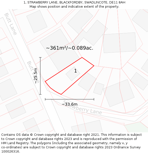 1, STRAWBERRY LANE, BLACKFORDBY, SWADLINCOTE, DE11 8AH: Plot and title map