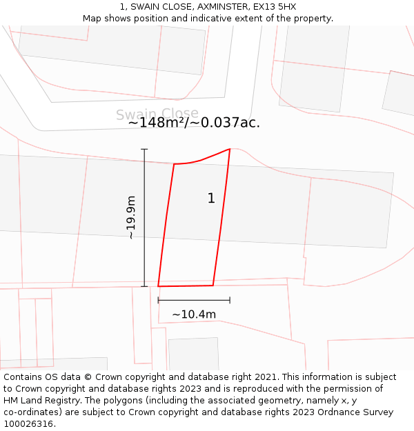 1, SWAIN CLOSE, AXMINSTER, EX13 5HX: Plot and title map