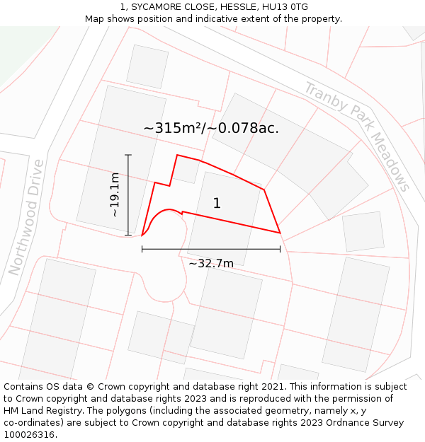 1, SYCAMORE CLOSE, HESSLE, HU13 0TG: Plot and title map