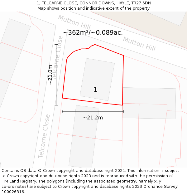 1, TELCARNE CLOSE, CONNOR DOWNS, HAYLE, TR27 5DN: Plot and title map