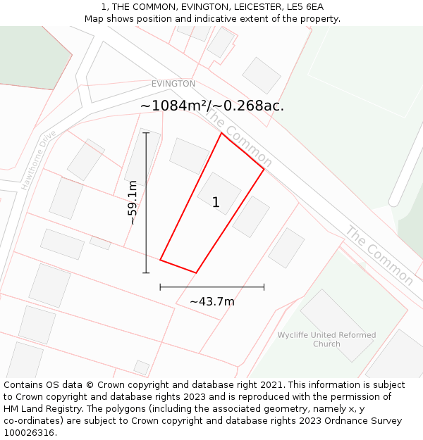 1, THE COMMON, EVINGTON, LEICESTER, LE5 6EA: Plot and title map