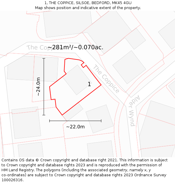 1, THE COPPICE, SILSOE, BEDFORD, MK45 4GU: Plot and title map