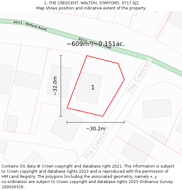 1, THE CRESCENT, WALTON, STAFFORD, ST17 0JZ: Plot and title map