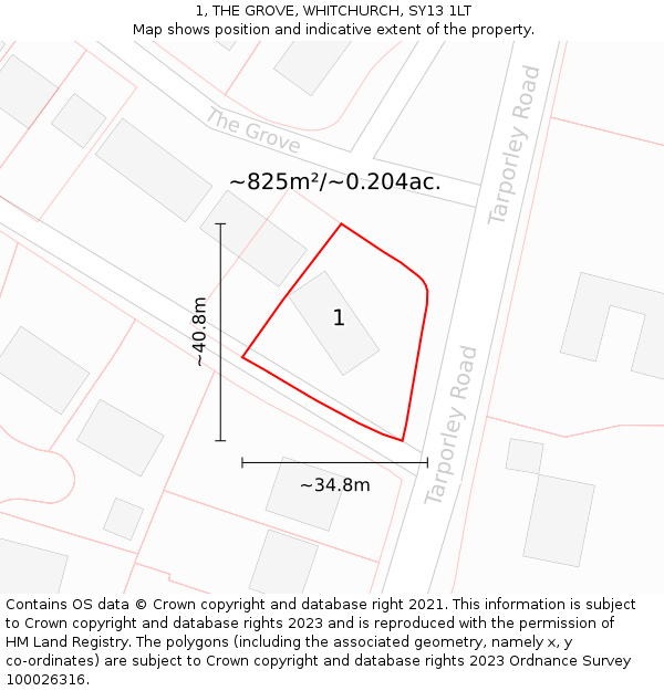 1, THE GROVE, WHITCHURCH, SY13 1LT: Plot and title map