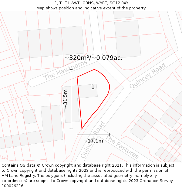 1, THE HAWTHORNS, WARE, SG12 0XY: Plot and title map
