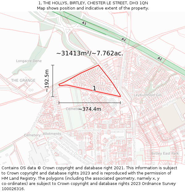 1, THE HOLLYS, BIRTLEY, CHESTER LE STREET, DH3 1QN: Plot and title map