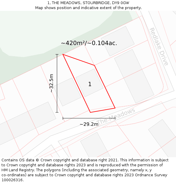1, THE MEADOWS, STOURBRIDGE, DY9 0GW: Plot and title map