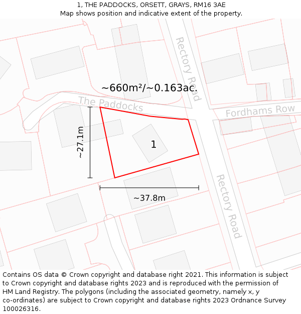 1, THE PADDOCKS, ORSETT, GRAYS, RM16 3AE: Plot and title map