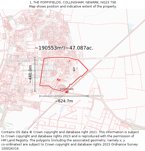 1, THE POPPYFIELDS, COLLINGHAM, NEWARK, NG23 7SE: Plot and title map