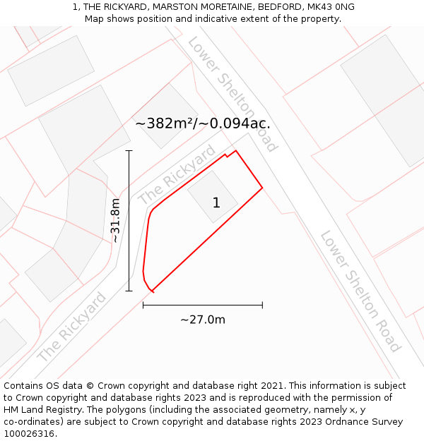 1, THE RICKYARD, MARSTON MORETAINE, BEDFORD, MK43 0NG: Plot and title map