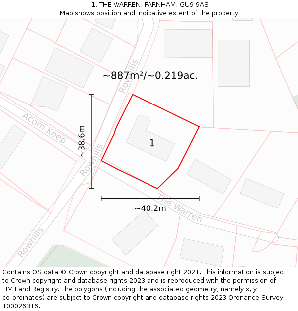 1, THE WARREN, FARNHAM, GU9 9AS: Plot and title map