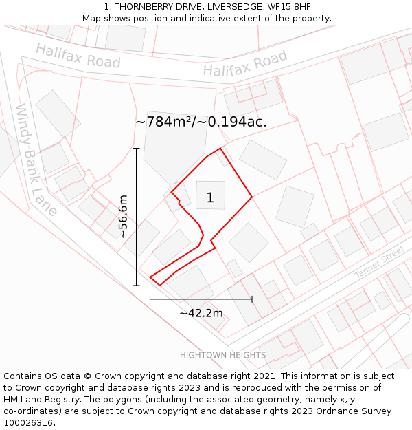 1, THORNBERRY DRIVE, LIVERSEDGE, WF15 8HF: Plot and title map