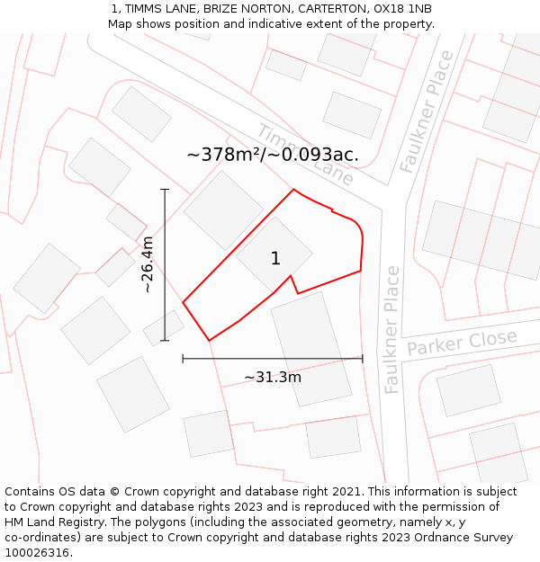 1, TIMMS LANE, BRIZE NORTON, CARTERTON, OX18 1NB: Plot and title map