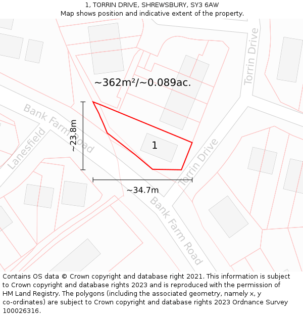 1, TORRIN DRIVE, SHREWSBURY, SY3 6AW: Plot and title map