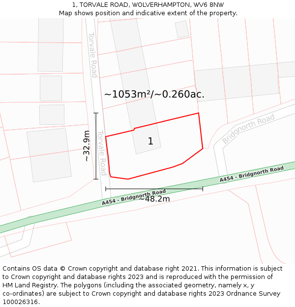 1, TORVALE ROAD, WOLVERHAMPTON, WV6 8NW: Plot and title map
