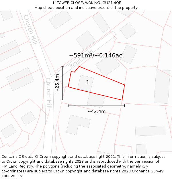 1, TOWER CLOSE, WOKING, GU21 4QF: Plot and title map