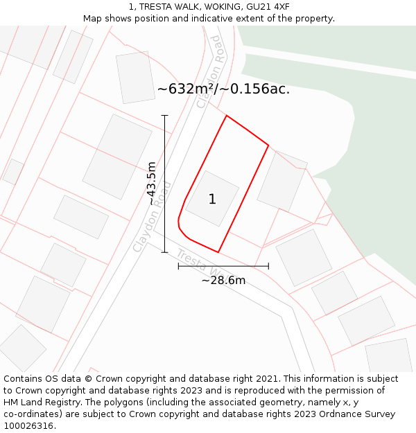 1, TRESTA WALK, WOKING, GU21 4XF: Plot and title map