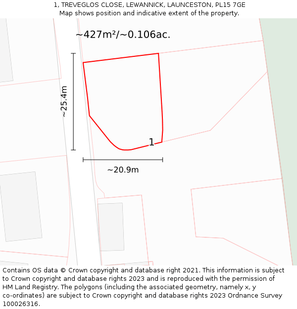 1, TREVEGLOS CLOSE, LEWANNICK, LAUNCESTON, PL15 7GE: Plot and title map