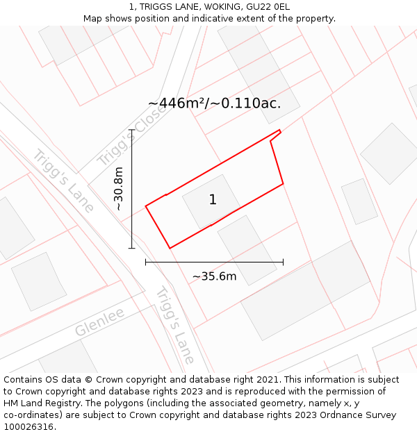 1, TRIGGS LANE, WOKING, GU22 0EL: Plot and title map