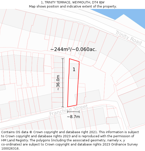 1, TRINITY TERRACE, WEYMOUTH, DT4 8JW: Plot and title map