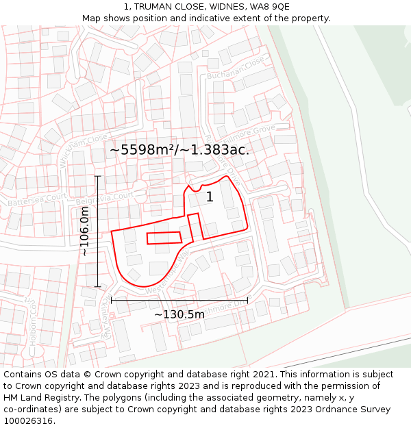 1, TRUMAN CLOSE, WIDNES, WA8 9QE: Plot and title map