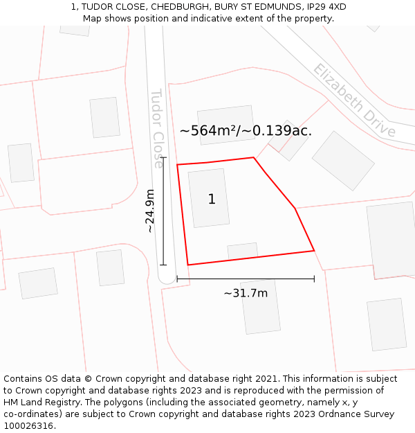 1, TUDOR CLOSE, CHEDBURGH, BURY ST EDMUNDS, IP29 4XD: Plot and title map