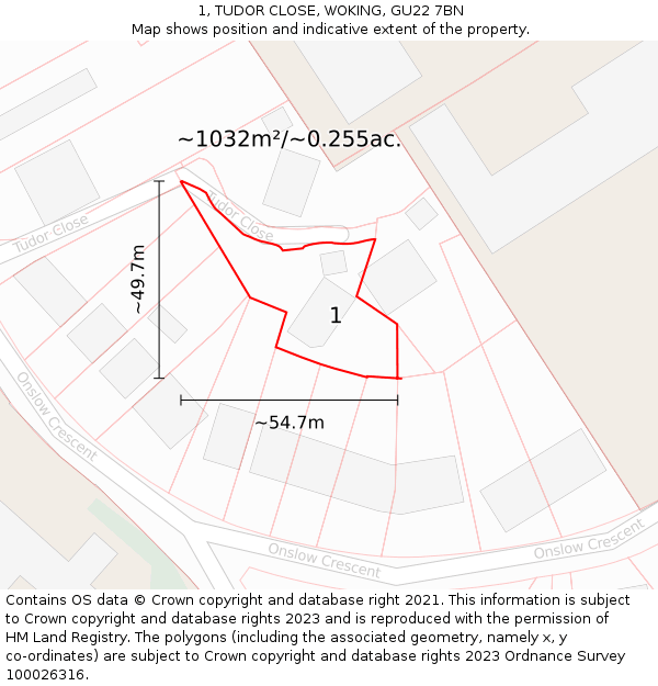 1, TUDOR CLOSE, WOKING, GU22 7BN: Plot and title map