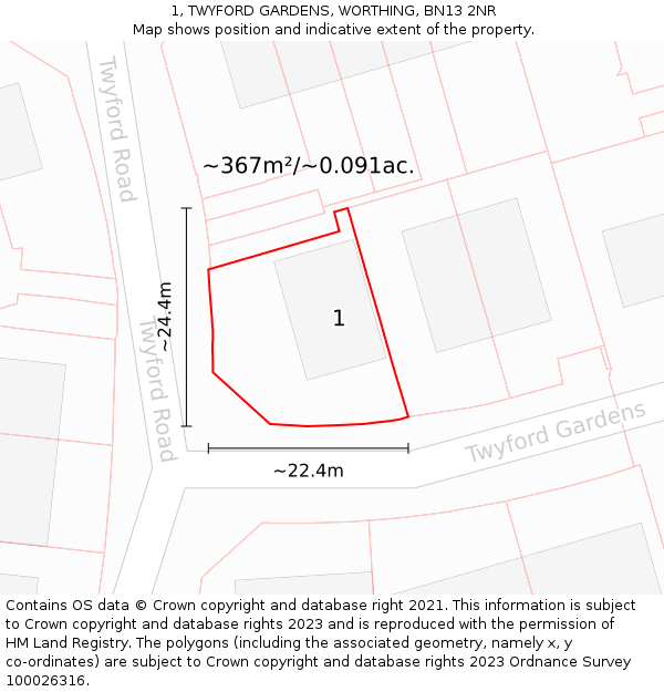 1, TWYFORD GARDENS, WORTHING, BN13 2NR: Plot and title map