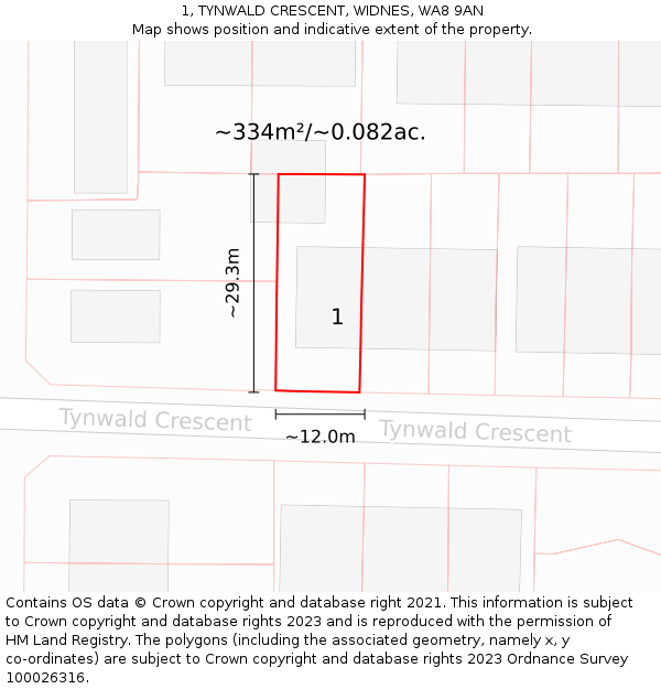 1, TYNWALD CRESCENT, WIDNES, WA8 9AN: Plot and title map