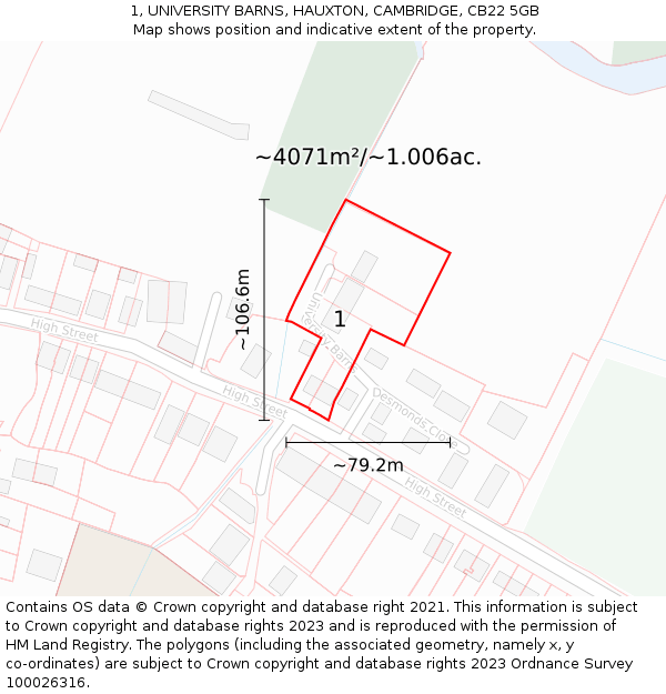 1, UNIVERSITY BARNS, HAUXTON, CAMBRIDGE, CB22 5GB: Plot and title map