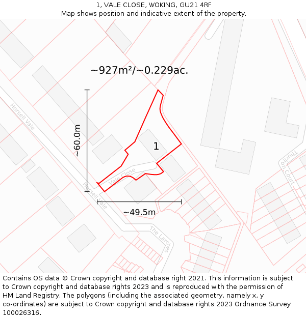 1, VALE CLOSE, WOKING, GU21 4RF: Plot and title map