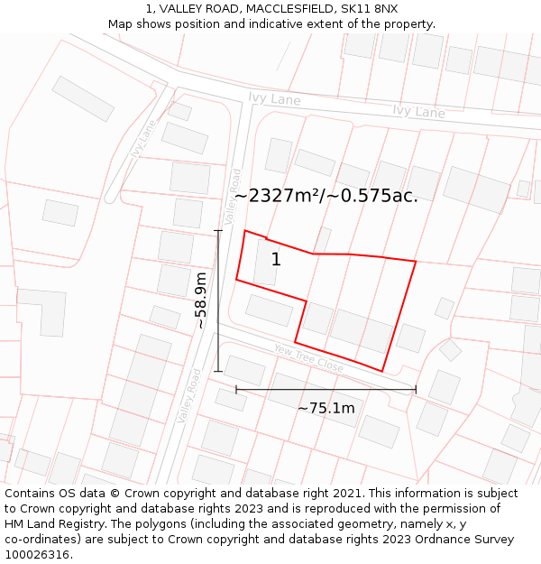 1, VALLEY ROAD, MACCLESFIELD, SK11 8NX: Plot and title map