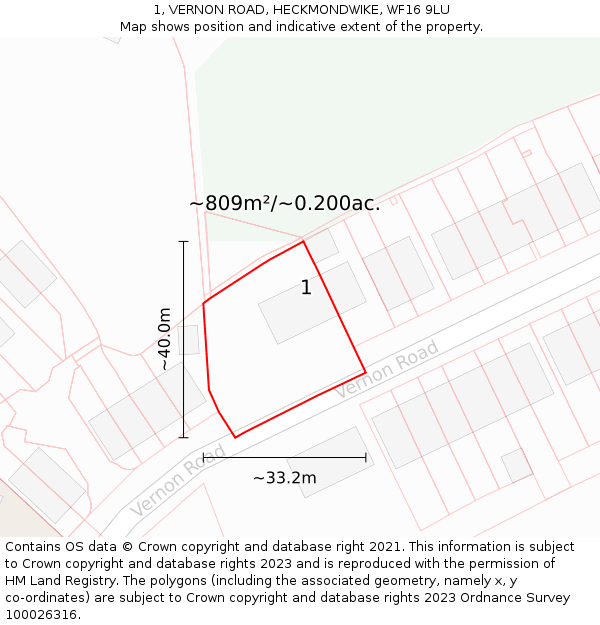 1, VERNON ROAD, HECKMONDWIKE, WF16 9LU: Plot and title map