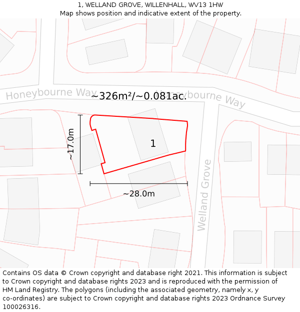 1, WELLAND GROVE, WILLENHALL, WV13 1HW: Plot and title map