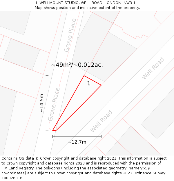 1, WELLMOUNT STUDIO, WELL ROAD, LONDON, NW3 1LL: Plot and title map
