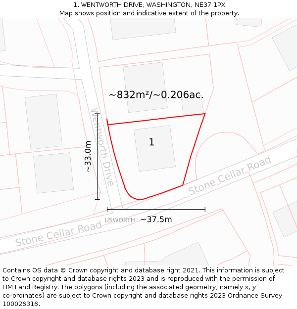 1, WENTWORTH DRIVE, WASHINGTON, NE37 1PX: Plot and title map
