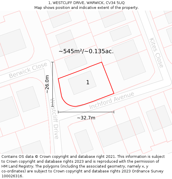 1, WESTCLIFF DRIVE, WARWICK, CV34 5UQ: Plot and title map