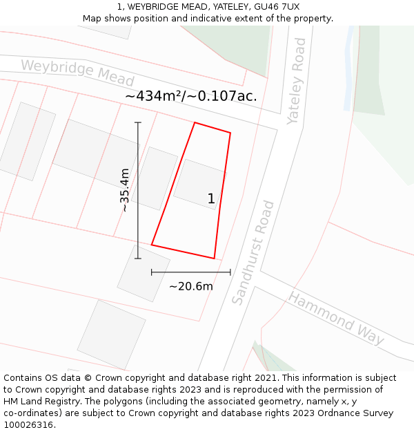 1, WEYBRIDGE MEAD, YATELEY, GU46 7UX: Plot and title map