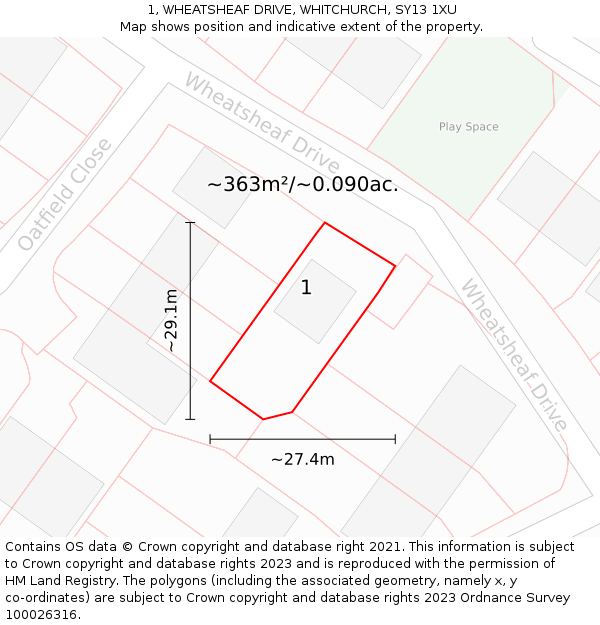 1, WHEATSHEAF DRIVE, WHITCHURCH, SY13 1XU: Plot and title map