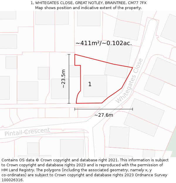 1, WHITEGATES CLOSE, GREAT NOTLEY, BRAINTREE, CM77 7FX: Plot and title map