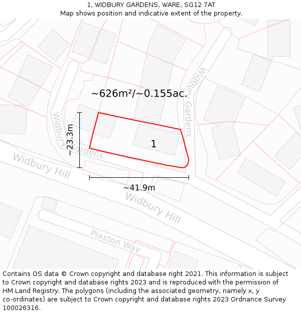 1, WIDBURY GARDENS, WARE, SG12 7AT: Plot and title map