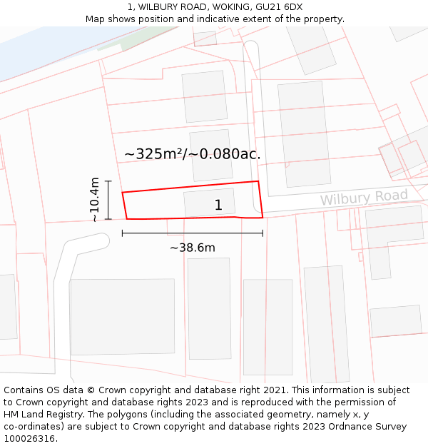 1, WILBURY ROAD, WOKING, GU21 6DX: Plot and title map