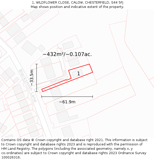 1, WILDFLOWER CLOSE, CALOW, CHESTERFIELD, S44 5FJ: Plot and title map