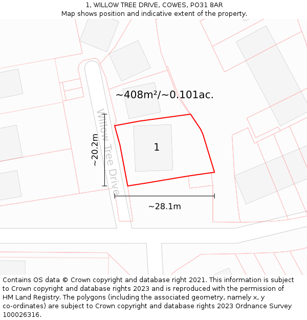 1, WILLOW TREE DRIVE, COWES, PO31 8AR: Plot and title map