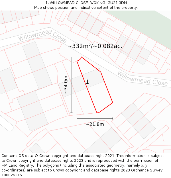 1, WILLOWMEAD CLOSE, WOKING, GU21 3DN: Plot and title map