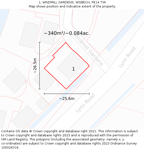 1, WINDMILL GARDENS, WISBECH, PE14 7YA: Plot and title map