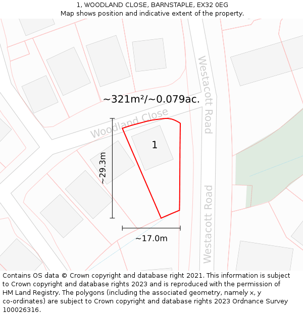 1, WOODLAND CLOSE, BARNSTAPLE, EX32 0EG: Plot and title map