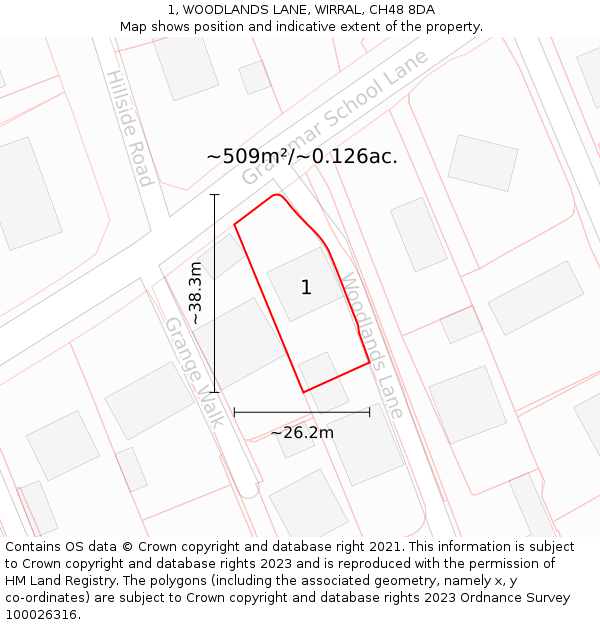 1, WOODLANDS LANE, WIRRAL, CH48 8DA: Plot and title map